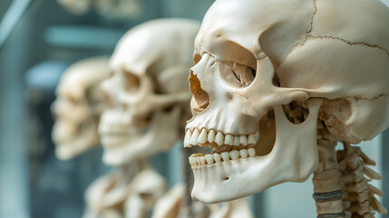 a row of anatomical skeleton models in a classroom or laboratory setting, emphasizing their detailed
