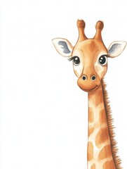 Poster - Illustrated cartoon giraffe with big eyes smiles softly against a plain background. Generative AI