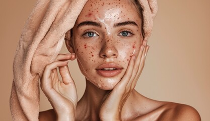 young woman with a towel on her head, gently touching her face with acne spots. beige background per