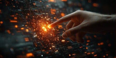 Wall Mural - touching a glowing interface with intricate digital patterns in a futuristic setting