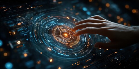 Wall Mural - high-tech hand touching a glowing digital orb against a dark background in a futuristic environment