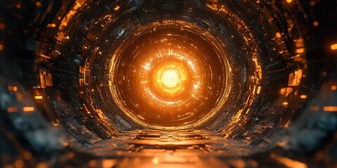 Wall Mural - mesmerizing orange energy core surrounded by intricate technology in a futuristic tunnel