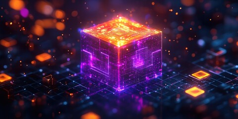 Wall Mural - colorful glowing cube in a digital space with particle effects during a futuristic concept presentat