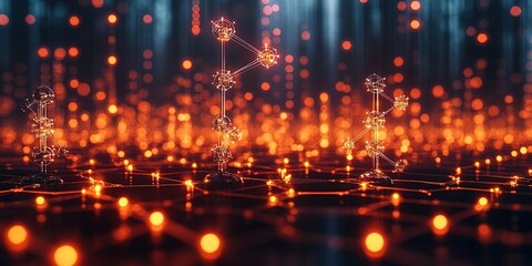 Wall Mural - complex network of glowing nodes and connections illuminated in a digital landscape at dusk
