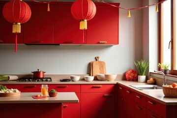 Festive Chinese New Year Kitchen with Vibrant Red Decor, Lanterns, and Cooking Elements Perfect for Celebrating Lunar Tradition and Culinary Creativity