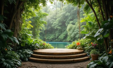 Canvas Print - Serene wooden platform by a tranquil lagoon