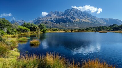 a mountain range with a lake in the foreground