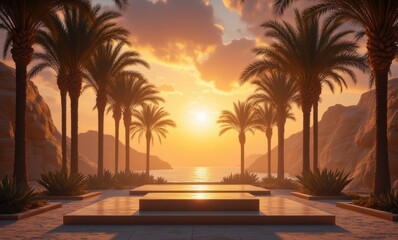 Wall Mural - Serene sunset over palm-fringed coast