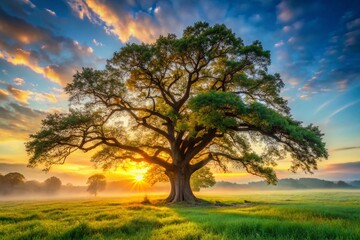 Wall Mural - Majestic Sunrise Oak Tree in Serene Meadow -  Documentary Photography Stock Photo