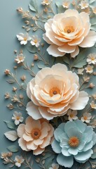 Wall Mural - This stunning image features intricately crafted paper flowers in soft peach and blue tones, beautifully arranged against a serene teal background. The floral composition exudes elegance and