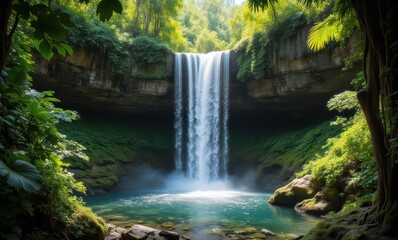 Wall Mural - Majestic waterfall in a lush green oasis