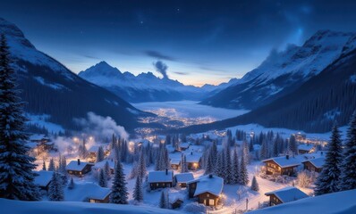 Wall Mural - Snowy mountain village at twilight.