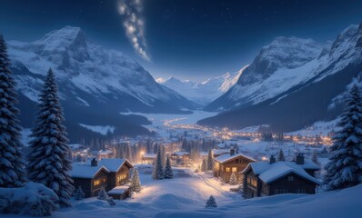 Sticker - Winter night landscape with snowy mountains