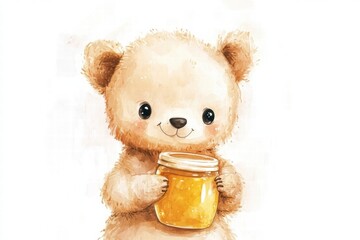 Poster - Cute illustrated bear holding a jar of honey, smiling cheerfully in a bright and colorful style. Generative AI