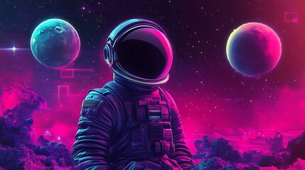 Poster - Astronaut Contemplates Alien Worlds In Vivid Neon Hues