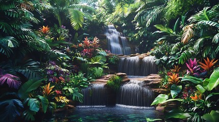 Wall Mural - Lush Tropical Waterfall Cascading Through Vibrant Foliage