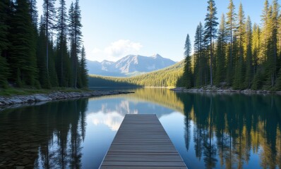 Wall Mural - Serene lake view with wooden dock