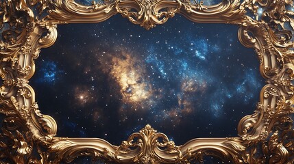 Sticker - Golden Frame Enclosing Celestial Nebula And Stars