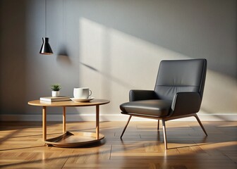 Wall Mural - Minimalist Black Chair, Coffee Table, Book on Wooden Floor - 3D Render