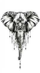 Leinwandbilder - Intricate elephant illustration showcasing detailed patterns and ornamental features in black and white design. Generative AI