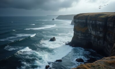 Wall Mural - Dramatic sea cliffs under cloudy skies