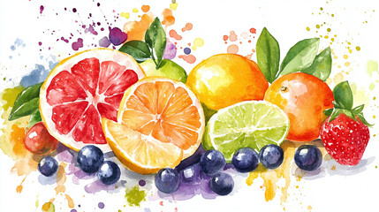 Wall Mural - Abstract colorful watercolor summer fruits illustration background. sweet fresh and healthy citrus food plant diet, delicious tropical art.