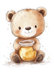 Aufkleber - Cute illustrated bear holding a honey jar in a playful and charming style. Generative AI