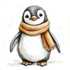 Poster - Charming illustrated penguin wearing a cozy scarf in a snowy environment during winter season. Generative AI
