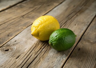 Wall Mural - Minimalist Lemon and Lime on Rustic Wood - Fresh Citrus Still Life Stock Photo