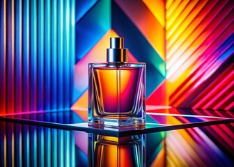 Wall Mural - Minimalist Perfume Bottle on Vibrant Geometric Background - Stock Photo