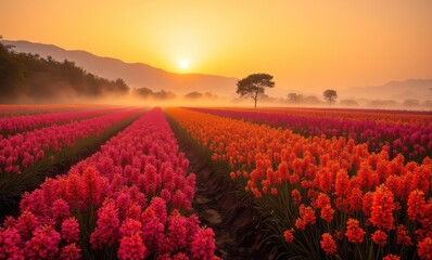 Wall Mural - Vibrant sunset over flower fields