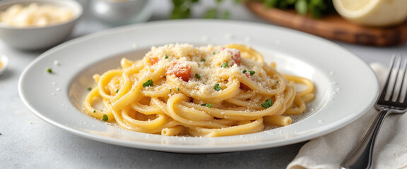 Fettuccine Alfredo served on an elegant white plate, lush pasta glistening with creamy sauce and garnished with herbs, presented beautifully against a blurred background of fresh ingredients