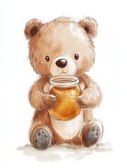 Poster - Cute illustrated bear with honey jar sitting on the ground in a friendly and playful manner. Generative AI