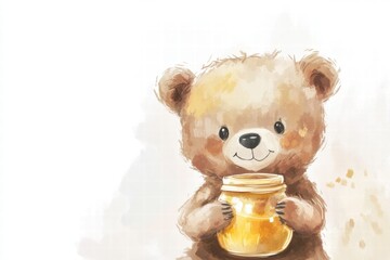 Aufkleber - Cute bear holding a jar of honey in a whimsical illustrated style during a sunny afternoon. Generative AI