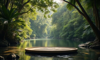 Canvas Print - Serene riverside platform in lush greenery