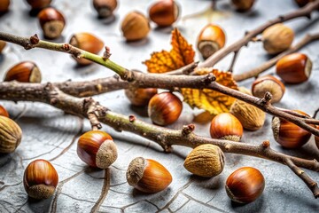 Wall Mural - Minimalist Turkish Hazel Tree, Corylus colurna, Branches & Nuts