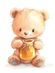 Fototapete - Cute illustrated bear holding a honey jar with a joyful expression in a bright, cheerful setting. Generative AI
