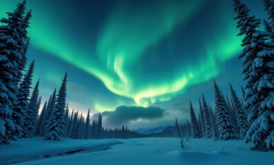 Wall Mural - Mesmerizing Northern Lights over snowy landscape