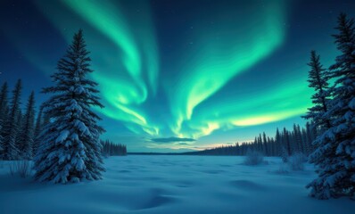 Wall Mural - Enchanting northern lights over snowy landscape