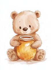 Poster - Cute illustrated bear holding a honey jar with a joyful expression in a whimsical setting. Generative AI