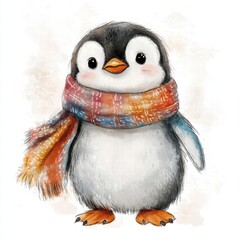 Poster - Cute illustrated penguin wearing a colorful scarf in a winter themed design with a soft background. Generative AI