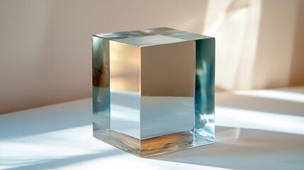 Wall Mural - Clear glass cube reflecting light on a soft surface in natural indoor setting