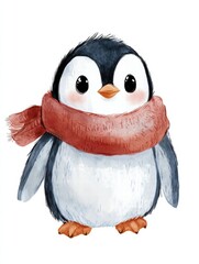 Poster - Cute illustrated penguin wearing a cozy red scarf against a blank background during winter season. Generative AI