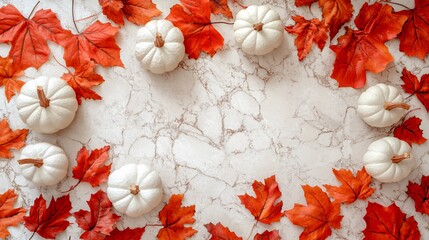 Wall Mural - Decorative arrangement of white pumpkins and autumn leaves on a marble background