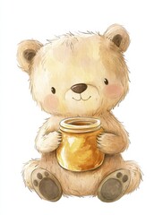 Poster - Cute illustrated bear holding a jar of honey in a cheerful and whimsical style. Generative AI