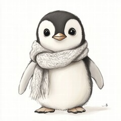 Poster - Cute illustrated penguin wearing a knitted scarf in a cheerful and warm style during a cold winter season. Generative AI