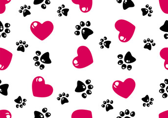 Wall Mural - love heart seamless pattern footprint dog paw valentine glossy heart vector puppy kitten cartoon gif