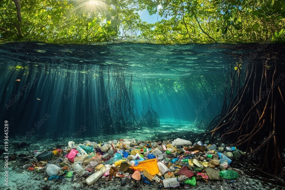 Underwater Scene of Mangroves Highlighting Plastic Pollution with ...
