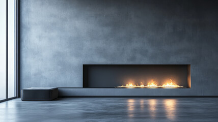 Wall Mural - Modern interior with minimalist fireplace and concrete walls.