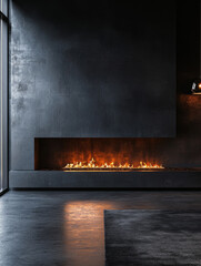 Wall Mural - Sleek modern fireplace in a dark minimalistic room.